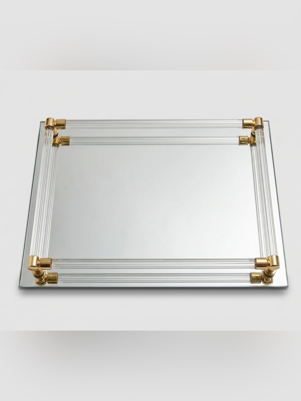 Elegant Rectangular Mirrored Vanity Tray with Gold Accents and Acrylic Rails